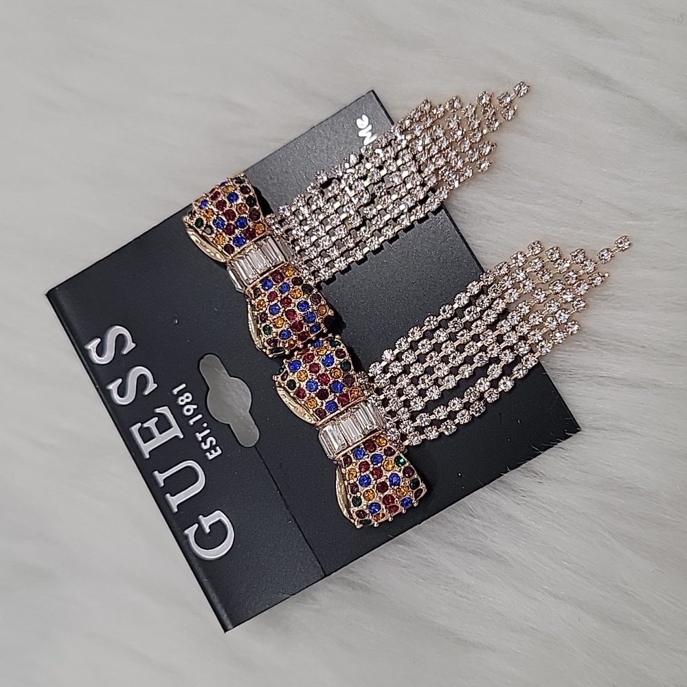 GUESS Crystal Bow & Rhinestone Fringe Statement Earrings